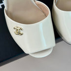 CHANEL Double C High Heel Sandals Beige Cream Leather