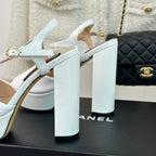 CHANEL Double C High Heel Sandals White Leather