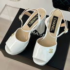 CHANEL Double C High Heel Sandals White Leather