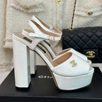 CHANEL Double C High Heel Sandals White Leather