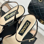 CHANEL Double C High Heel Sandals Black Leather