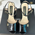 CHANEL Double C High Heel Sandals Black Leather
