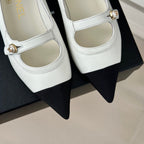 CHANEL Double C Milan Runway Pointed Toe Mary Jane Shoes White Black Lambskin