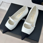 CHANEL Double C Milan Runway Pointed Toe Mary Jane Shoes White Black Lambskin