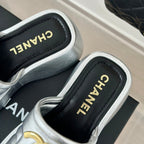 CHANEL Large Double C Platform Slippers Silver