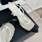 CHANEL Crystal Flat High Heel Sandals White
