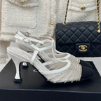 CHANEL Crystal Flat High Heel Sandals White