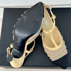 CHANEL Crystal Flat High Heel Sandals Beige Cream
