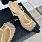 CHANEL Crystal Flat High Heel Sandals Beige Cream
