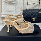 CHANEL Crystal Flat High Heel Sandals Beige Cream