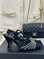 CHANEL Crystal Flat High Heel Sandals Black