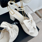 CHANEL Double C Big Bow Pearl Chain High Sandals White Lambskin