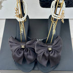 CHANEL Double C Big Bow Pearl Chain High Sandals Black Lambskin