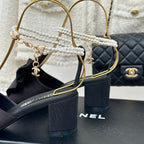 CHANEL Double C Big Bow Pearl Chain High Sandals Black Lambskin