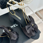 CHANEL Double C Big Bow Pearl Chain High Sandals Black Lambskin