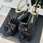 CHANEL Double C Big Bow Pearl Chain High Sandals Black Lambskin