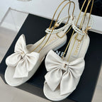 CHANEL Double C Big Bow Pearl Chain Sandals White Lambskin