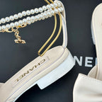 CHANEL Double C Big Bow Pearl Chain Sandals White Lambskin