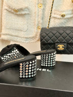 CHANEL BLOCK HEEL MULE WITH WHITE RHINESTONES IN BLACK LAMBSKIN