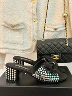 CHANEL BLOCK HEEL MULE WITH WHITE RHINESTONES IN BLACK LAMBSKIN