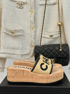 CHANEL THICK SOLE LETTER SLIPPERS IN DARK CREAM SHEEPSKIN