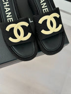 CHANEL CLASSIC SLIPPERS THICK SOLE IN BLACK TWEED