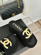 CHANEL CLASSIC SLIPPERS THICK SOLE IN BLACK TWEED