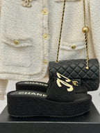 CHANEL CLASSIC SLIPPERS THICK SOLE IN BLACK TWEED