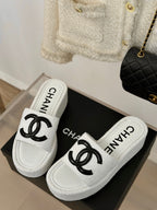 CHANEL CLASSIC SLIPPERS THICK SOLE IN WHITE TWEED
