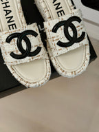 CHANEL CLASSIC SLIPPERS THICK SOLE IN WHITE MIX BROWN TWEED