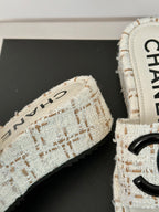 CHANEL CLASSIC SLIPPERS THICK SOLE IN WHITE MIX BROWN TWEED