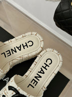 CHANEL CLASSIC SLIPPERS THICK SOLE IN WHITE MIX BROWN TWEED