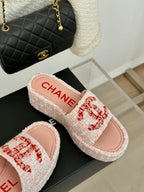 CHANEL CLASSIC SLIPPERS THICK SOLE IN LIGHT PINK TWEED