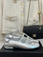 CHANEL MARY JANES SHOES SILVER GOATSKIN WITH FAUX PEARL