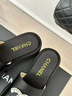 CHANEL SLIPPERS THICK SOLE IN BLACK SATIN
