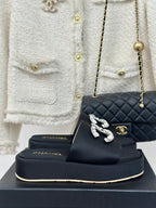 CHANEL SLIPPERS THICK SOLE IN BLACK SATIN