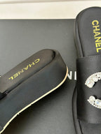 CHANEL SLIPPERS THICK SOLE IN BLACK SATIN