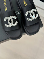 CHANEL SLIPPERS THICK SOLE IN BLACK SATIN
