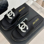 CHANEL SLIPPERS THICK SOLE IN BLACK SATIN