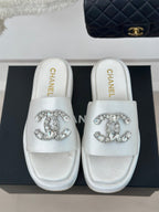 CHANEL SLIPPERS THICK SOLE IN WHITE SATIN