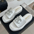 CHANEL SLIPPERS THICK SOLE IN WHITE SATIN