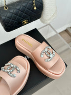 CHANEL SLIPPERS THICK SOLE IN LIGHT PINK SATIN