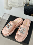 CHANEL SLIPPERS THICK SOLE IN LIGHT PINK SATIN
