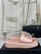 CHANEL SLIPPERS THICK SOLE IN LIGHT PINK SATIN