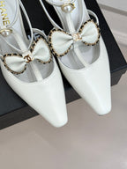 CHANEL CHAIN BOW HIGH HEEL 8 CM SLINGBACKS IN WHITE SUEDE