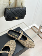 CHANEL FLAT MULES 25SS IN BEIGE EMBELLISHED WITH RHINESTONES