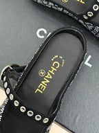 CHANEL FLAT MULES 25SS IN BLACK EMBELLISHED WITH RHINESTONES