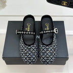 CHANEL FLAT MULES 25SS IN BLACK EMBELLISHED WITH RHINESTONES