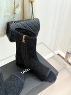 CHANEL PEEP-TOE BOOTS 25SS IN BLACK EMBOSSED LACE FABRIC