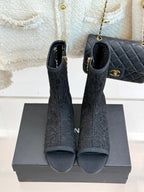 CHANEL PEEP-TOE BOOTS 25SS IN BLACK EMBOSSED LACE FABRIC